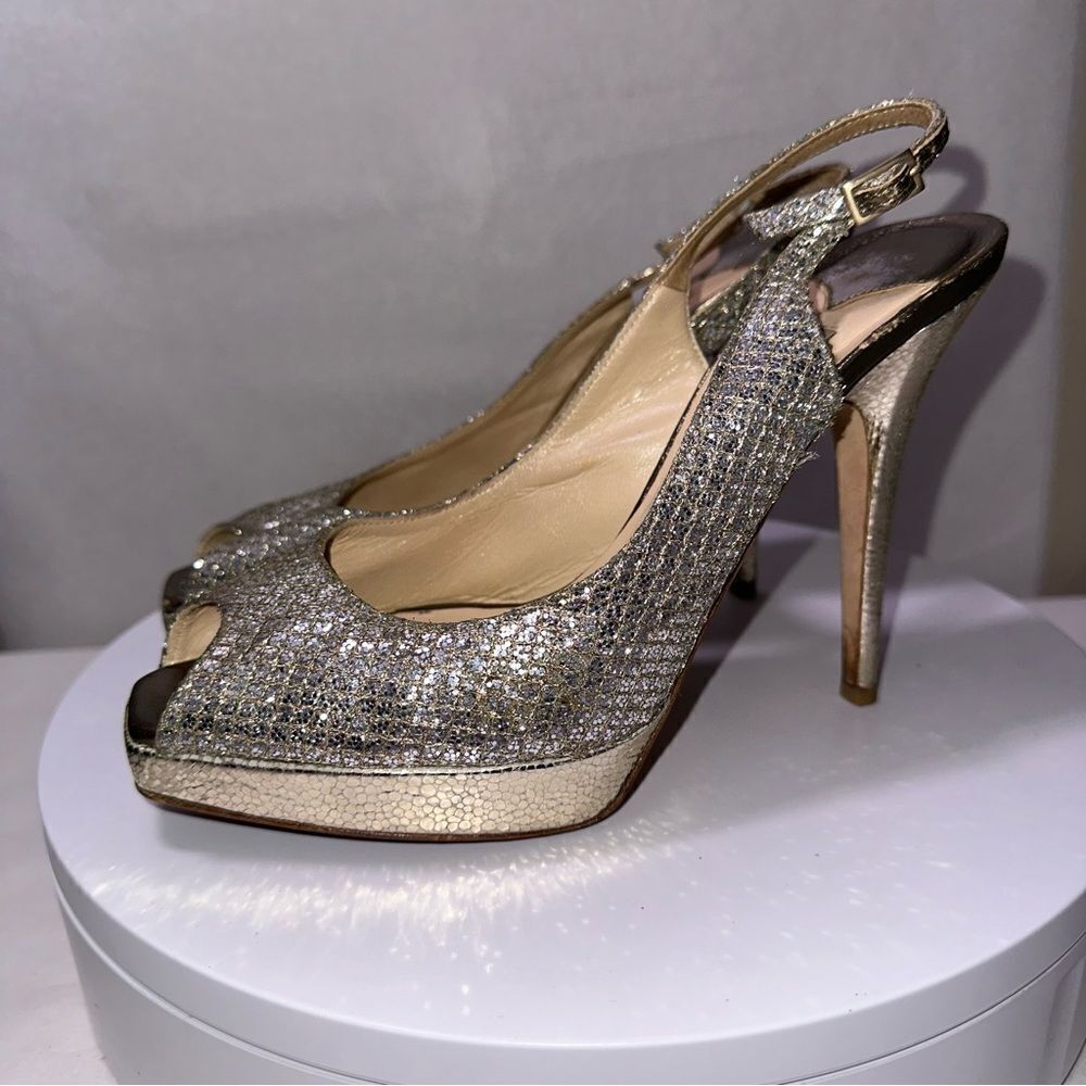 Jimmy Choo heels Nova Gold & Silver Glitter Platform Heels Size 37.5 “I Do”